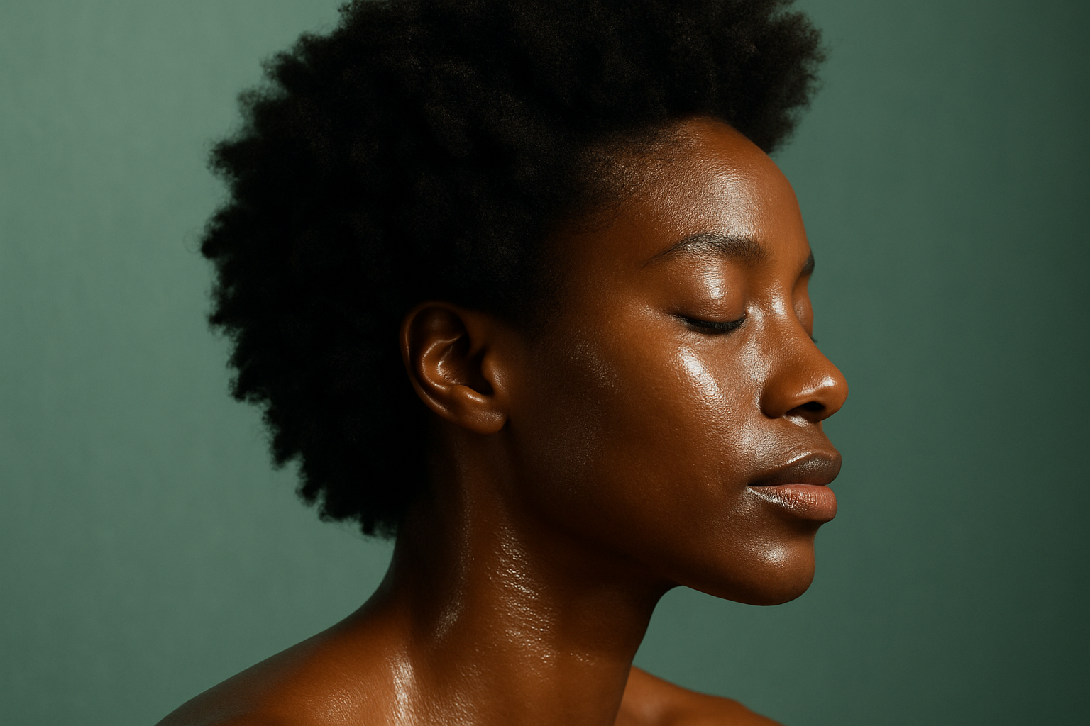 A minimalistic, high-end beauty campaign photo. A close-up side profile of a Black man or woman with natural afro-textured hair or locks, glowing healthy skin, shot in soft natural light. The background is clean and modern in subtle teal-green tones (#4E9B8F), evoking freshness, hydration, and sophistication. The image should feel unisex, premium, and timeless, like a skincare campaign from brands such as Aesop or Kiehl’s. No logos, no products, only the person and the atmosphere.